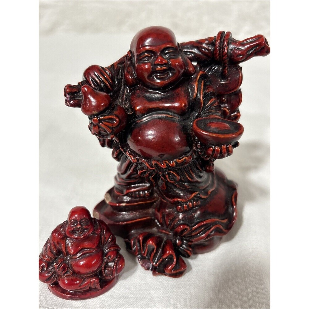 Vtg Laughing Buddha Pair. Barefoot Wandering Figurine w/ Knapsack Small Sitting